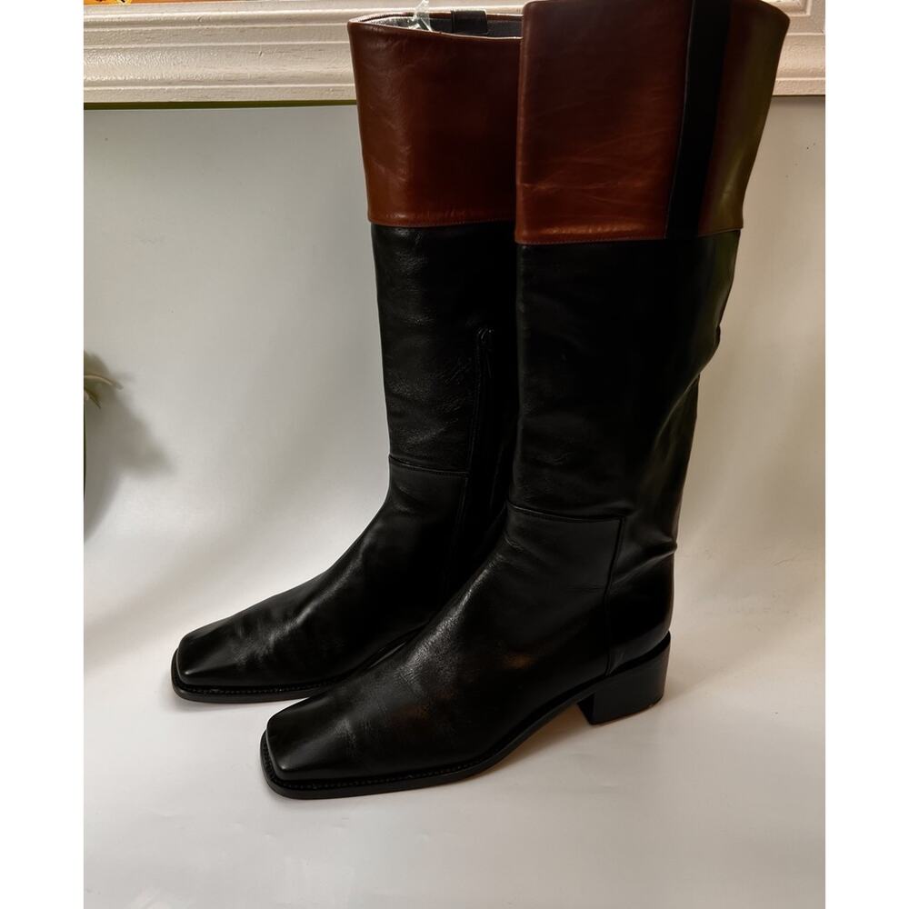 Stuart Weitzman Two-tone Leather Boots 7 B Knee High Square Toe Black & Brown - Picture 9 of 9